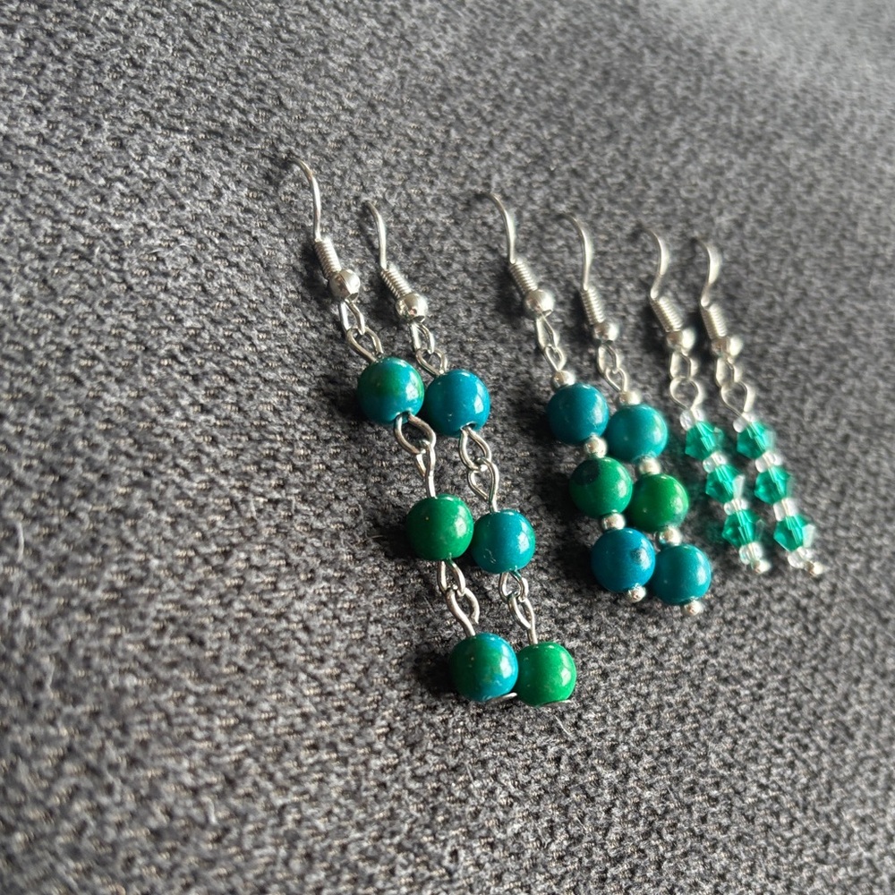 Elegant Green and Blue Beaded Earrings Hand Crafted set of 3 - Picture 5 of 9